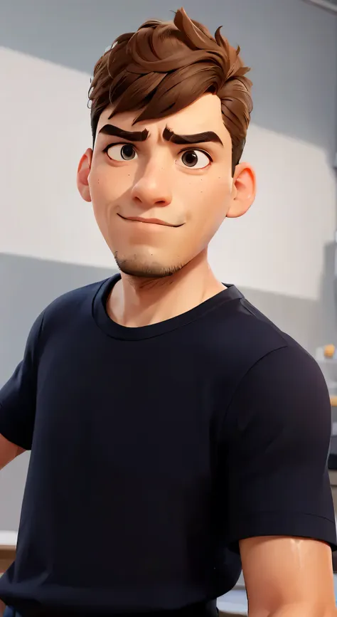 boy with a serious face, he is serious, with a closed appearance, without a smile, with a beard and mustache, a wrinkle in the middle of his eyebrow, a closed and serious look, with arms crossed, in the Disney Pixar style, high quality, best quality