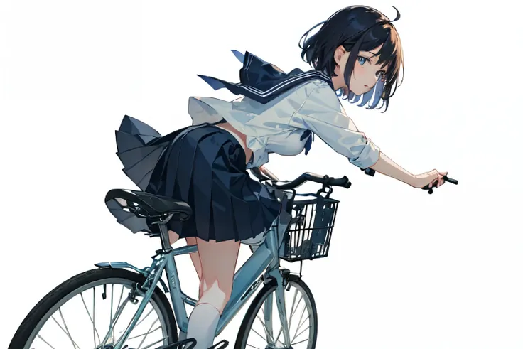 (highest quality、masterpiece)、(a  riding a bicycle、alone、whole)、(from the side)、(cute face)、short hair、white sailor suit、uniform...