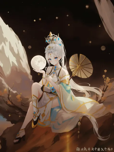 (ponytail forehead hair pulled back:1.3), a close up of a woman sitting on a rock with a moon in her hand, ethereal fantasy, celestial goddess, astral fairy, lunar goddess, moon goddess, ((a beautiful fantasy empress)), ethereal fairytale, goddess of the m...