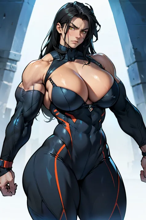 huge muscles huge breasts huge thighs pale skin black hair yellow eyes very long hair muscular girl sad frown expressionless huge muscles huge breasts huge thighs huge muscles huge breasts huge thighs skintight suit