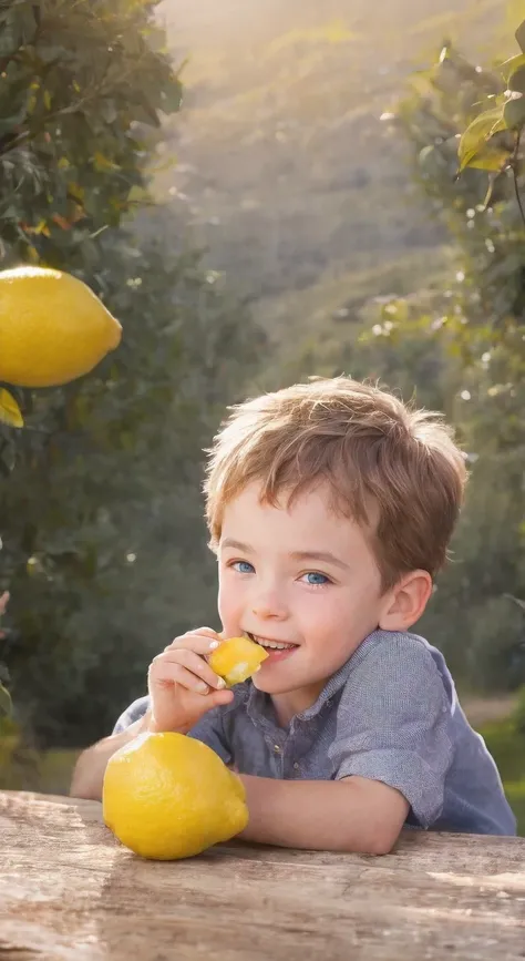 Close photo ,small Russian boy with light brown hair and gray-blue eyes  ,smiling eating lemon holding it with hand,against the backdrop of a rural summer landscape, studio photo, 8k rendering,Photorealism,