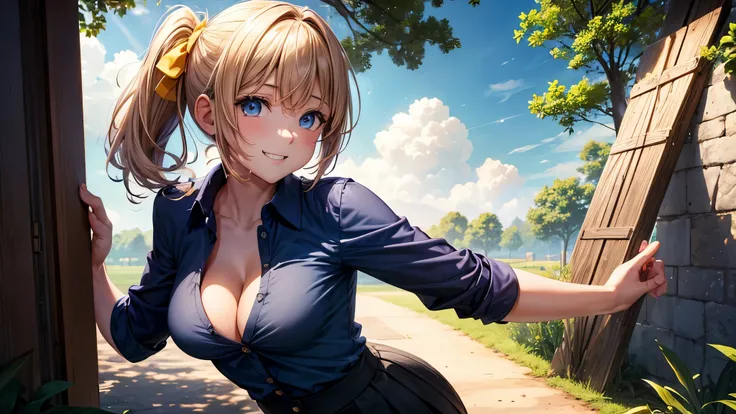 1girl, solo, summer, village, trees, sun, clouds, chestnut hair, side ponytail, large breasts, ((popping shirt buttons)), button down, unbuttoning buttons, ((taking off clothes)), bra, dark blue eyes, ((dark blue shirt)), ((unbuttoned shirt)), ((short slee...