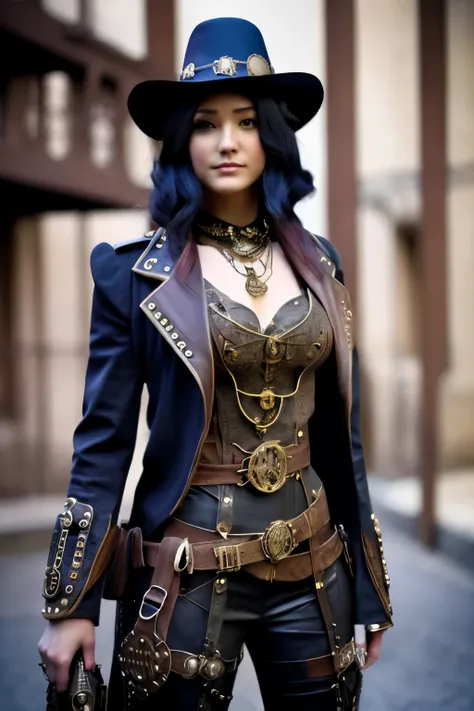 Theres a woman wearing a Steam Punk hat and holding a gun..,  steampunk, usando trajes steampunk, inventora steampunk, (steampunk), ( steampunk ), estilo steampunk, Steampunk, steampunk Fiction, steampunk aesthetic, uma deusa steampunk bonita, steampunk mu...