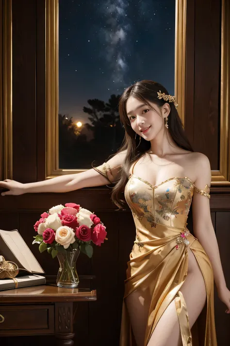 Giorgione painting style,Arguments of two female Philosophe,math、astronomical machine、astronaut、roses in vase、fruits、Cute trinkets、smile、ancient greek costume、Background is a forest lake at night 、Clothes that stretch your shoulders、A big smile、beautiful b...