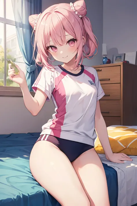 Pink Hair, Pink Eyes、girl、Small breasts、Hair Bun、girl、Small breasts、Lolita、Bright smile、Looks about 15 years old、Petan Musume、He is short、Eye highlights、Sexy thighs、room、Sportswear、Gymnastics