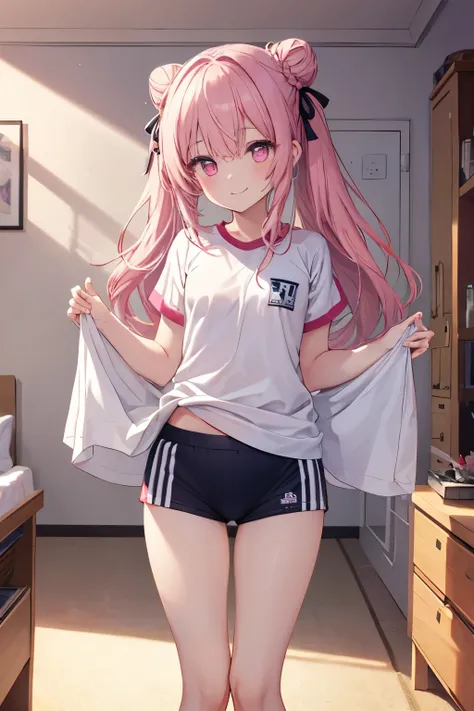 Pink Hair, Pink Eyes、girl、Small breasts、Hair Bun、girl、Small breasts、Lolita、Bright smile、Looks about 15 years old、Petan Musume、He is short、Eye highlights、Sexy thighs、room、Sportswear、Gymnastics