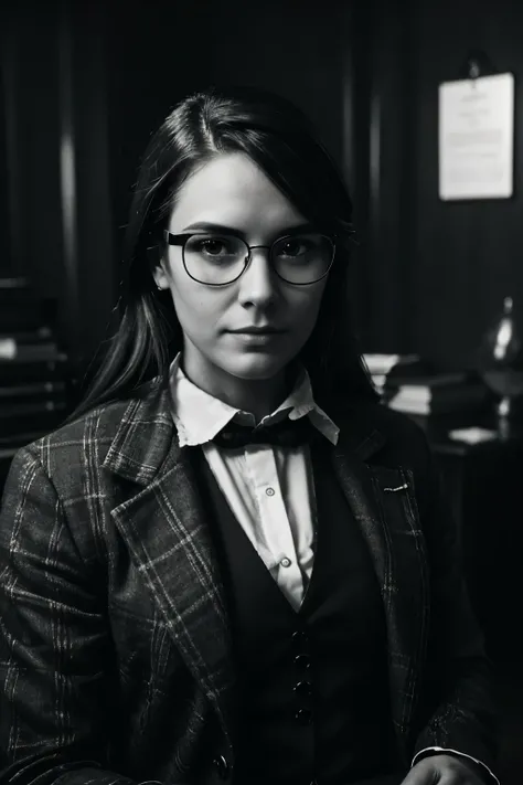 (Best quality, Ultra High-Detailed: 1.3), High-Definition, Black and White, Monochromatic, Noir Film, Striking Contrast, Engineer Office Scene, Intricate Details, Victorian Style, Pointed Beard, Glasses, Masculine Face Structure, Feminine Eyes, Witchy Aura...