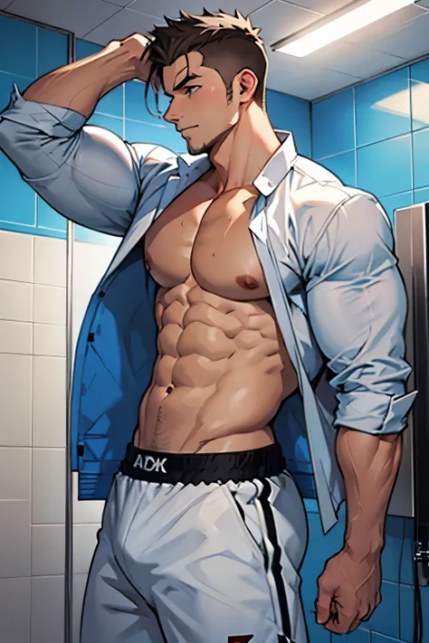 anime bara taking off clothes shower room anime guy male masculine
