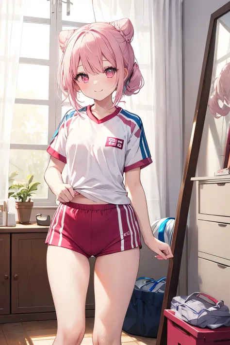 Pink Hair, Pink Eyes、girl、Small breasts、Hair Bun、girl、Small breasts、Lolita、Bright smile、Looks about 15 years old、Petan Musume、He is short、Eye highlights、Sexy thighs、room、Sportswear、Gymnastics