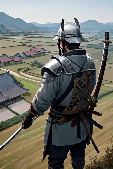 (Asian) Samurai, Shooting from Above, Midnight Hour, Overall Silver Tone, Resplendent in Medieval Asian Silversmith Armor, Bow and Katana at the Ready, Amidst a Dilapidated Countryside Village, Farmland, a Tranquil River, Cattle Grazing, Rabbit Hideaway, T...