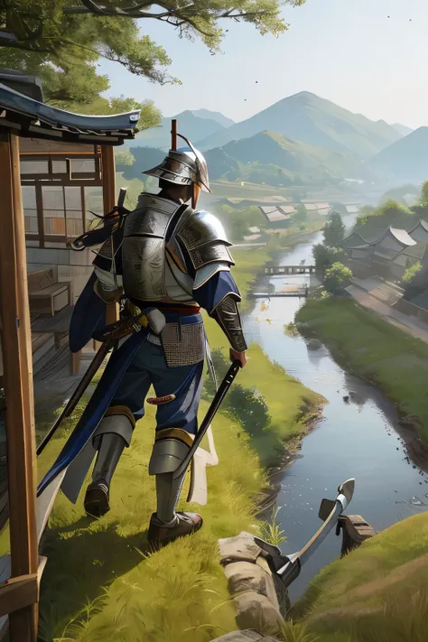 (Asian) Samurai, Shooting from Above, Midnight Hour, Overall Silver Tone, Resplendent in Medieval Asian Silversmith Armor, Bow and Katana at the Ready, Amidst a Dilapidated Countryside Village, Farmland, a Tranquil River, Cattle Grazing, Rabbit Hideaway, T...