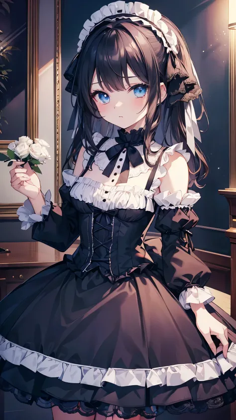 (Tabletop, highest quality:1.2), 8k, 85mm, Official Art, Absurd, Black-haired, (blue eyes, Lolita Fashion, sweet lolita, Gothic, dress:1.2), Idol&#39;s face, Upper Body, beautiful girl, Gardeniass, Copenhagen, Short sleeve, grace, Sophisticated, Gardenia, ...