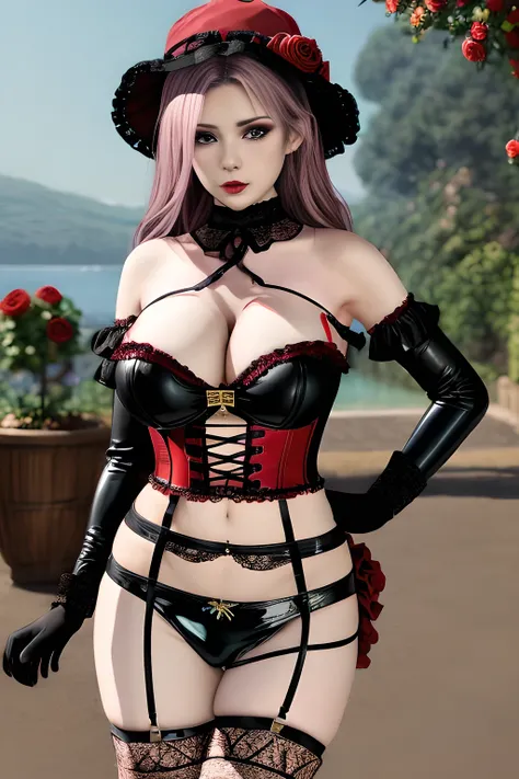 1 girl,BREAK (Royal:1.4), (red and black theme:1.5), ((red) bucket hat with rose corsage:1.4), (fusion of black high neck crop top and latex (red bustier):1.4), ((floral lace, see-through):1.3), ((sleeveless, bare shoulders):1.3), (red tiered skirt with bl...