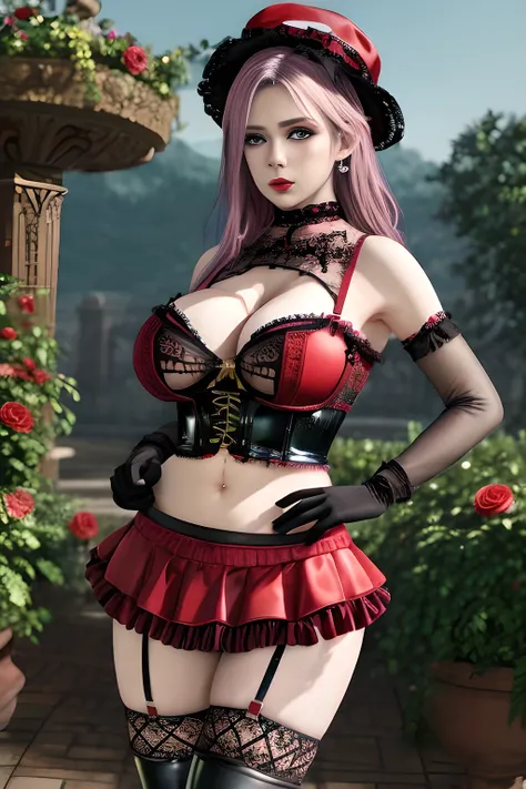 1 girl,BREAK (Royal:1.4), (red and black theme:1.5), ((red) bucket hat with rose corsage:1.4), (fusion of black high neck crop top and latex (red bustier):1.4), ((floral lace, see-through):1.3), ((sleeveless, bare shoulders):1.3), (red tiered skirt with bl...