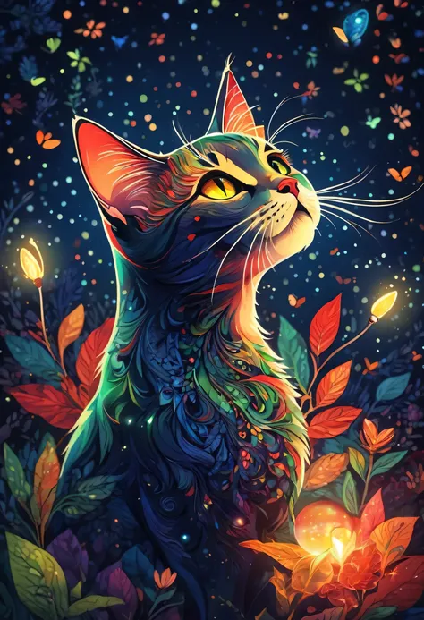 (highest quality,high resolution:1.2),lots of firefly light、a cat looking up at the light from below、colorful background,navy bl...