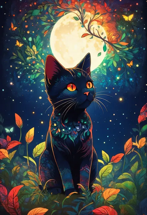 (highest quality,high resolution:1.2),lots of firefly light、a cat looking up at the light from below、colorful background,navy bl...