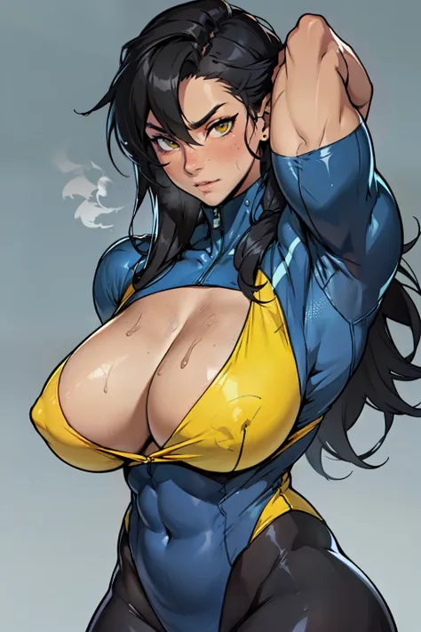 ((girl muscular thick)) pale skin black hair ultra detailed eyes huge large breasts toned body embarrassed blush very long hair skintight suit yellow eyes hair flaps cleavage