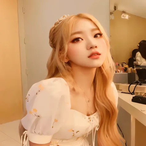 araffe girl with long blonde hair and a white dress, roseanne park of blackpink, jossi of blackpink, portrait of jossi of blackpink, heonhwa choe, lalisa manobal, sun yunjoo, lalisa manoban of blackpink, popular south korean makeup, beautiful south korean ...