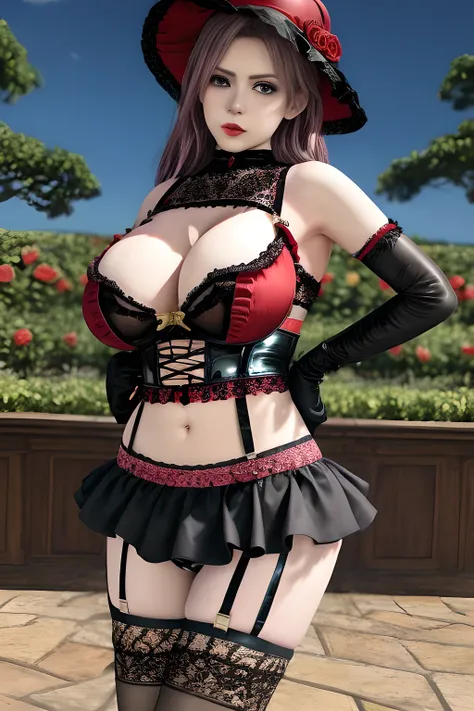 1 girl,BREAK (Royal:1.4), (red and black theme:1.5), ((red) bucket hat with rose corsage:1.4), (fusion of black high neck crop top and latex (red bustier):1.4), ((floral lace, see-through):1.3), ((sleeveless, bare shoulders):1.3), (red tiered skirt with bl...