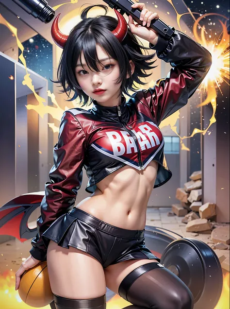 Eyeshield 21、American Football、mud door、mud doorデビルバッツ、Suzune Taki、（（（red cheerleader）））+++、（（（red cheerleader服）））+++、（（（Navel exposed）））+++、slender body shape、black short hair、Ahoge、purple eyes、（（（red demon wings）））+++、Lemon-like short hair with a blue-is...