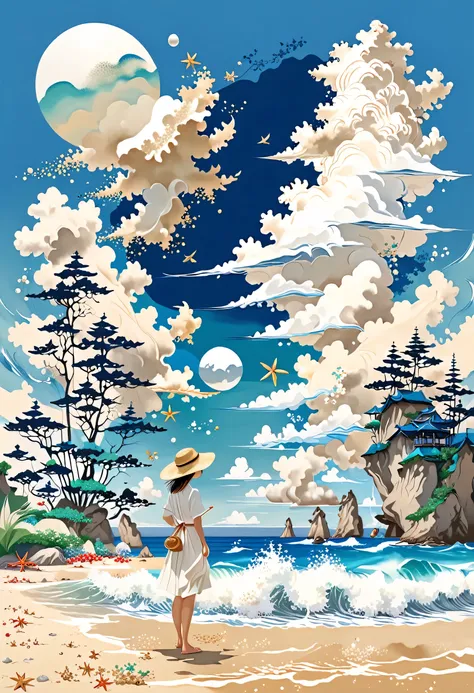 Illustration of a girl wearing a straw hat、Standing stunned、Styles of Japan painting、Wave splash on the beach、Starfish、White shells、Emerald Blue Sea Background、Cumulonimbus cloud debris、highest quality、Ultra-high resolution、Golden Ratio、Maximum Coefficient...