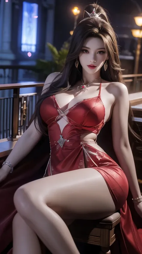 8K, UHD, MAsterpiece, best quality, 1 girl, (realistic face), happy pace, very long hair, hug breasts, decorated dress, very beautiful ornaments dress, red color, ((lace)), mesh dress, mesh cape flowing, sardine, loops, ((ornaments)), legendary night balco...