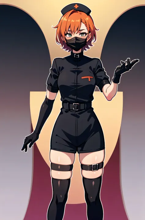 black nurse, 1girl, solo, black nurse cap, black nurse uniform, ((black legwear, zettai ryouiki)), black elbow gloves, very short hair, orange hair, ((black surgical mask, covered nose)), standing, ((surgery room)), sharp outline, short sleeves, tomboy, bo...