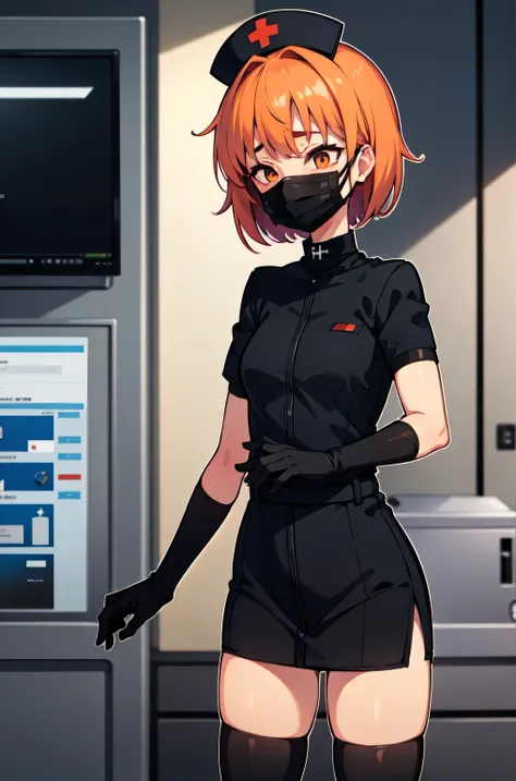 black nurse, 1girl, solo, black nurse cap, black nurse uniform, ((black legwear, zettai ryouiki)), black elbow gloves, very short hair, orange hair, ((black surgical mask, covered nose)), standing, ((surgery room)), sharp outline, short sleeves, tomboy, bo...