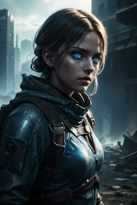 Female representation of the apocalypse, beautiful, piercing blue eyes, hyperdetailed, photorealistic, post apocalyptic background, volumetric lighting, 4k