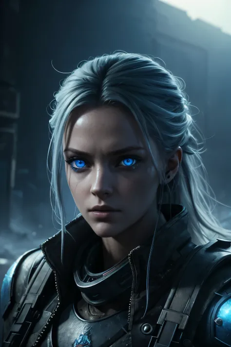 Female representation of the apocalypse, beautiful, piercing blue eyes, hyperdetailed, photorealistic, post apocalyptic background, volumetric lighting, 4k