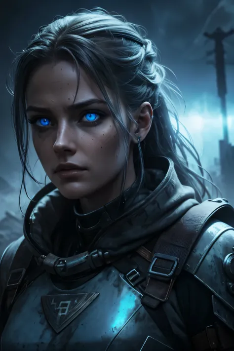 Female representation of the apocalypse, beautiful, piercing blue eyes, hyperdetailed, photorealistic, post apocalyptic background, volumetric lighting, 4k