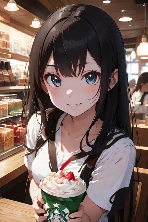 (best quarity,ultra detailed,ultra-high-resolution, 8k, masterpiece), very-cute-and-beautiful-anime-girl,highly-detailed-face-and-eyes, 20 years old,smile,
 Starbucks coffee shop,
strawberry Frappucino on the table,