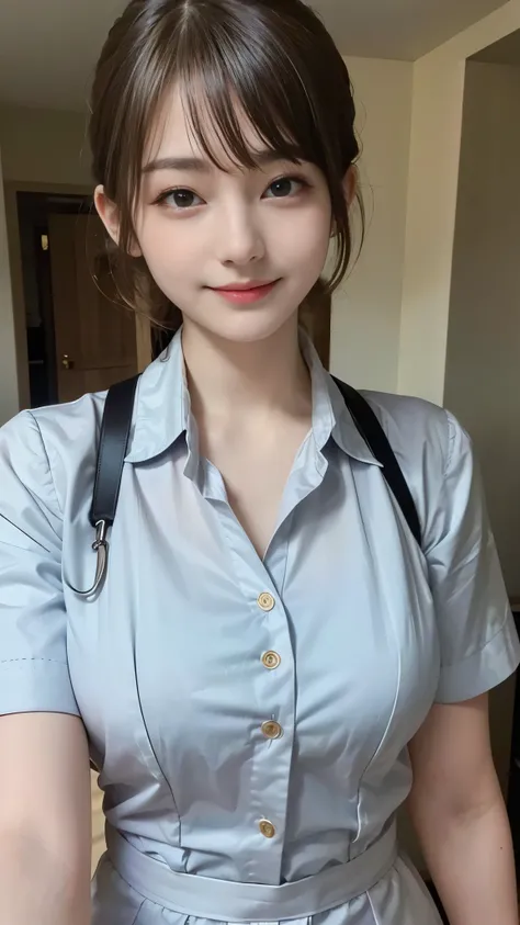 ((highest quality、Masterpiece、High resolution))、(((Zoom photo of upper body)))、(A shy smile:1.2)、One 15-year-old female、Beautiful Skin、Beautiful Eyes、Large Breasts、Nurse uniform、Trimmed bangs