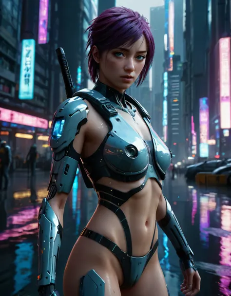 best quality,highres,ultra-detailed,realistic,female cyborg with vibrant purple hair,vivid colors,physically-based rendering,sha...