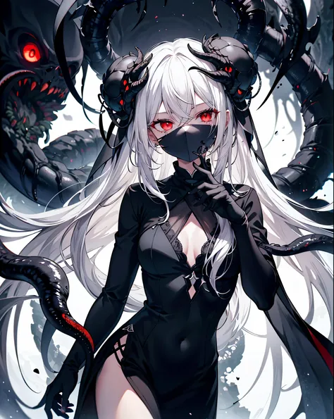 1girl,solitary，masterpiece，best quality，white hair，white hair，white hair，red eyes，black，dark，cypress scraper，shadow，douchebag，sn...