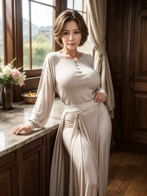 classy sex appeal、50-year-old woman、wrinkles around the eyes and nasolabial folds、beautiful woman、transparent skin、perfect natur...