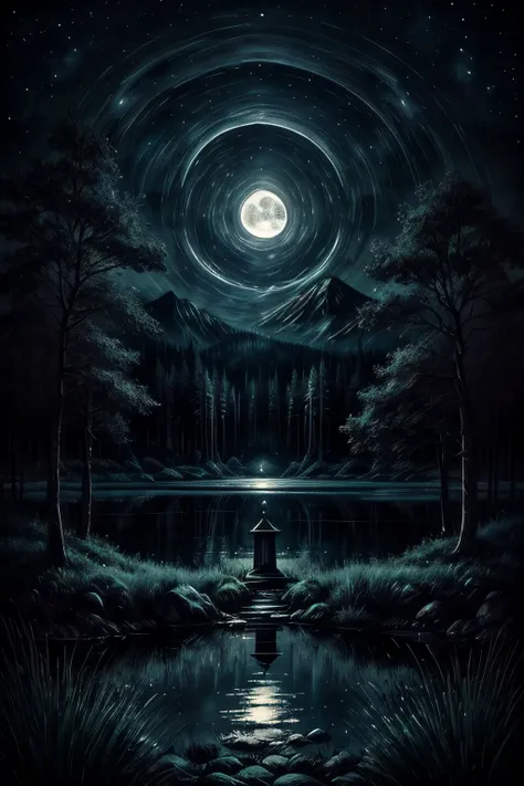 create a dark and gothic image of a lake at night. in the center of the lake, there is a prominent, solitary tombstone. the tomb...