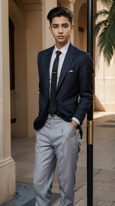Hay un hombre con traje y corbata posando para una foto., around 19 years, taken in the early 2020s, riyahd cassiem, 18 years, mohamed chahín, tommy 16 years old, jovencito, 16 years old, cara perfecta y chico, taken in the late 2000s