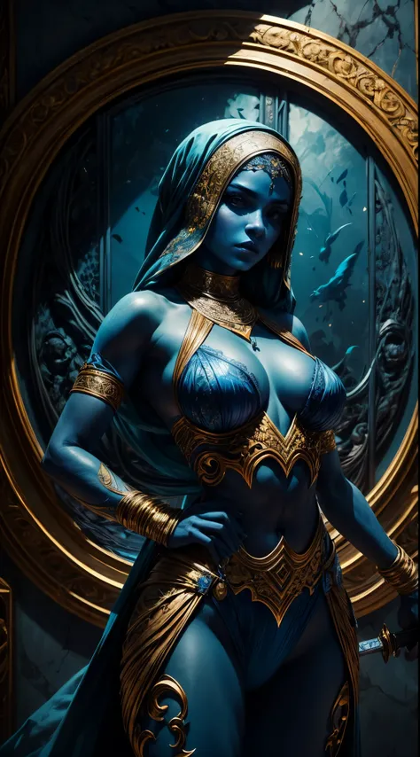 arab woman, blue skin, she has four arms, and swords in her hands, 