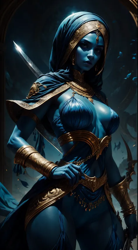 arab woman, blue skin, she has four arms, and swords in her hands, 