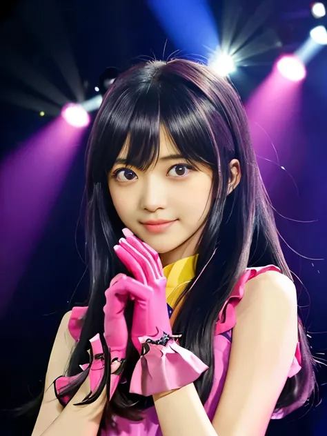 Realistic, Realistic, masterpiece, highest quality, Cute single girl, alone, double eyelid、On Stage, Stage lighting, ,((Purple long hair、bangs)),(Bunny-shaped hair clip),(Pink gloves)、(Her eyes are pink and have stars drawn on them.)、Stage Spotlight, Watch...