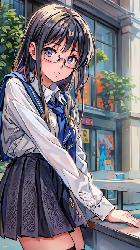 (highest quality,4K,8K,High resolution,table top:1.2), super detailed, (realistic,photorealistic,photo-realistic:1.37), ((full body)),(one 17 years old girl),(Glasses Girl),(rage),(Perplexed),(black hair),(long hair),((school-uniform)),(Scarf),(high socks)...