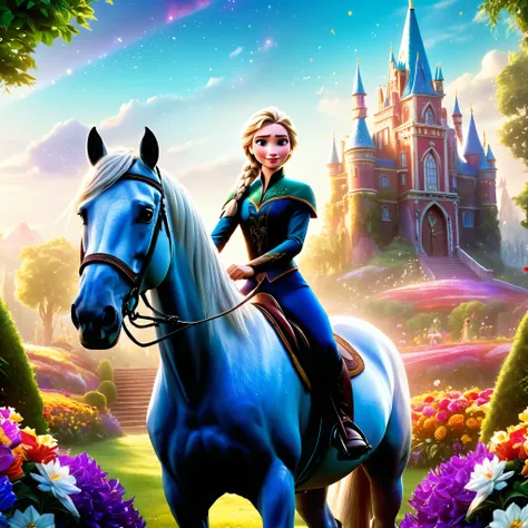 A girl riding a horse, with Elsa from "Frozen 2" as the main subject. The girl has beautiful detailed eyes, white leggings,beautiful detailed lips, and an extremely detailed face. Her eyelashes are long. The horse is majestic and powerful. The scene is set...