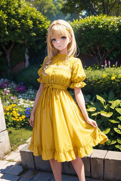 Crea imagen detallada y hermosa de cuerdo comoleto de una chica con vestido amarillo y verde , blondehead, cabello largo y tacones en el exterior de un jardin hermoso y colorido, hay mucho viento