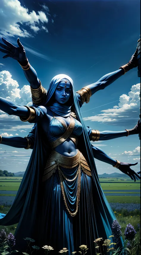 arab woman, blue skin, she has four arms, indian woman, battle rogue clothes, field, clouds 