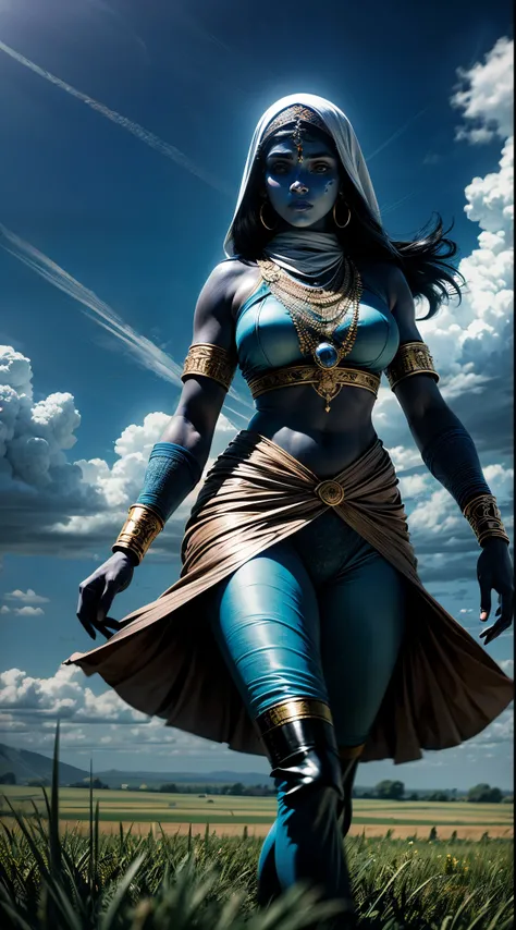 arab woman, blue skin, she has four arms, indian woman, battle rogue clothes, field, clouds 