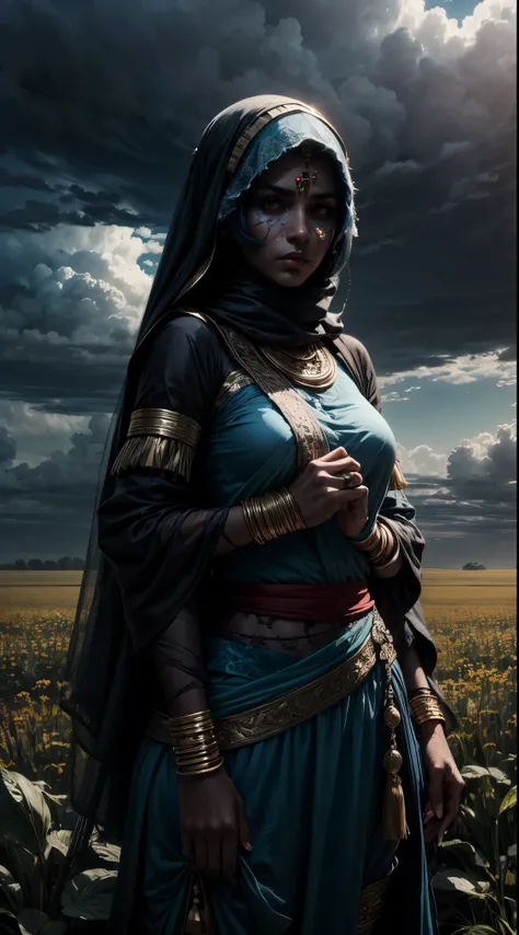 arab woman, blue skin, she has four arms, indian woman, battle rogue clothes, field, clouds 