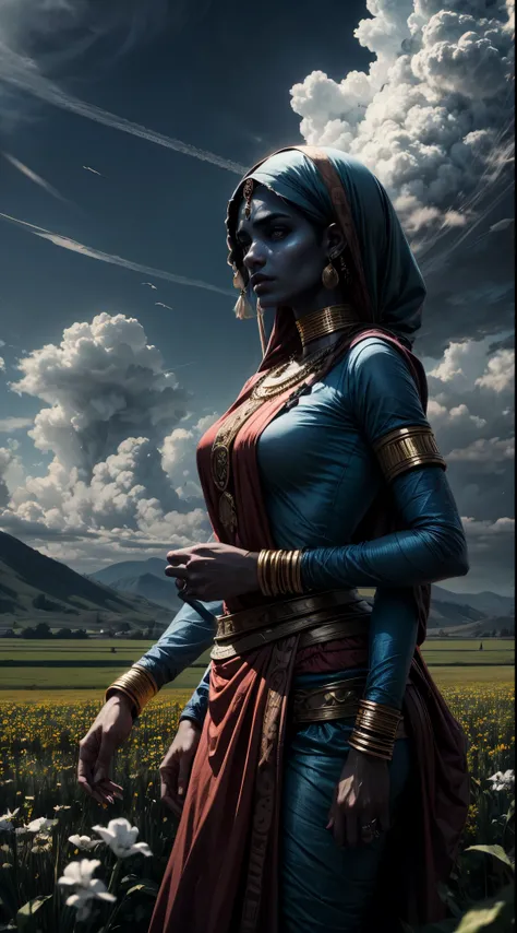 arab woman, blue skin, she has four arms, indian woman, battle rogue clothes, field, clouds 