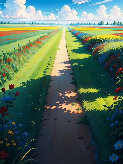 A straight Grass roads that leads to heaven in clouds , blue sky, red flowers , yellow flowers , stars