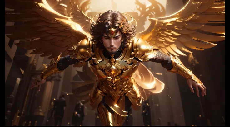 a close-up of a golden statue of a man with wings, motor irreal renderizar saint seiya, CGI 8K, arcanjo, trends on Artstation., armadura dourada angelical, Computer graphics art, sociedade cg 8k, sociedade cg 8k, 8k CG rendering, cgsociety 8k, por Gabriel ...